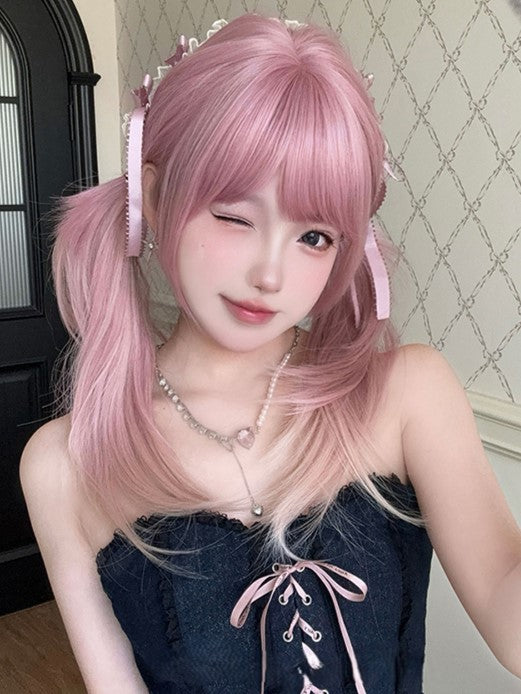 Pink Ombre Hair Color 68CM Length Straight Wig With Air Bangs