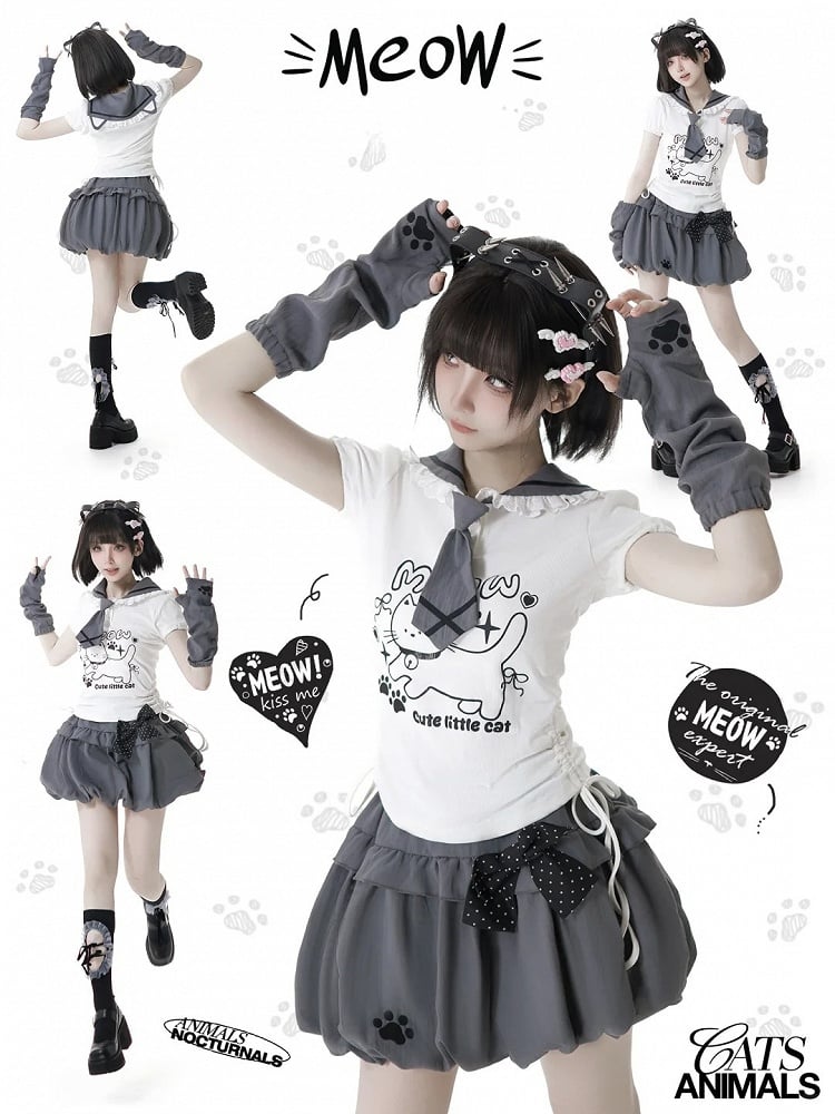 Kitty Ears Design Sailor Collar White Drawstring Side T-shirt with Free Armwear