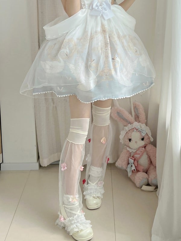 Black/White Semi-sheer Leg Sleeves With Red/Pink/Blue Flowers