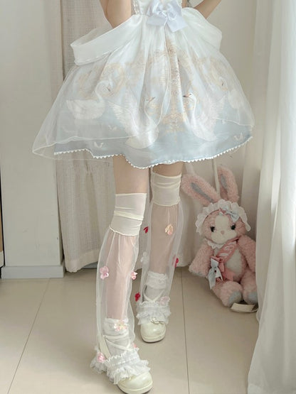 Black/White Semi-sheer Leg Sleeves With Red/Pink/Blue Flowers