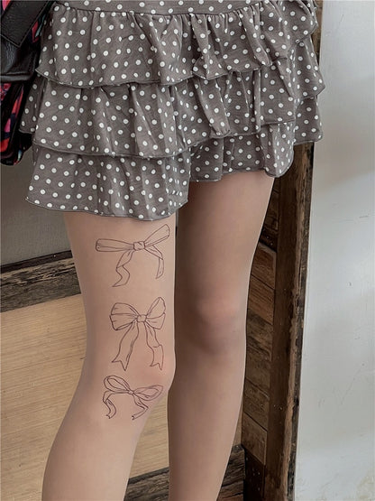 Black/Nude Semi-sheer Bowknot Print Pantyhose