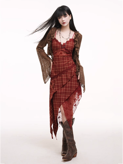 Red Plaid V-neck Handkerchief Hem Cutout Midriff Cami Dress