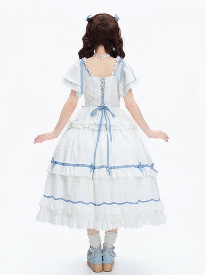 Plus Sizes Available Blue and White Classic Lolita Cotton Dress with Detachable Butterfly Sleeves