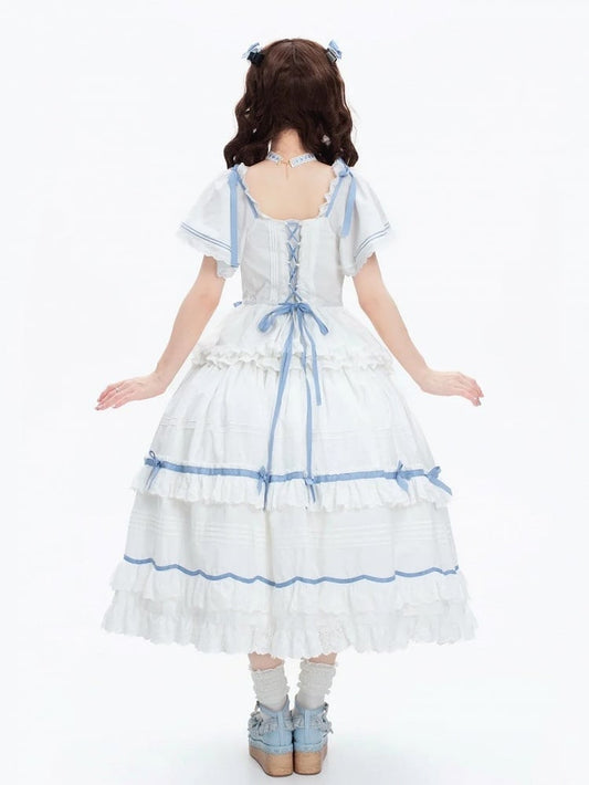 Plus Sizes Available Blue and White Classic Lolita Cotton Dress with Detachable Butterfly Sleeves