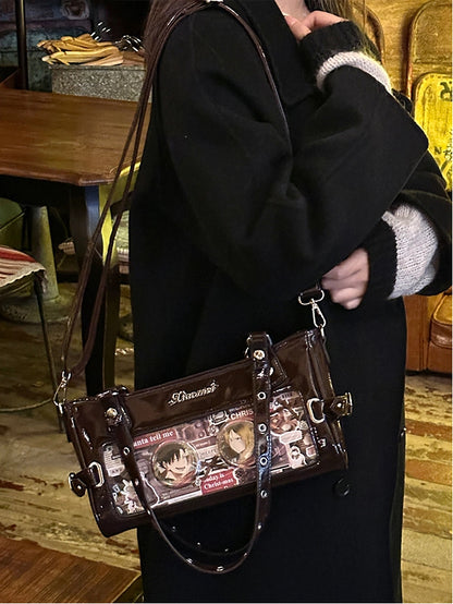 Brown Versatile Transparent-Window PU Leather Ita Bag