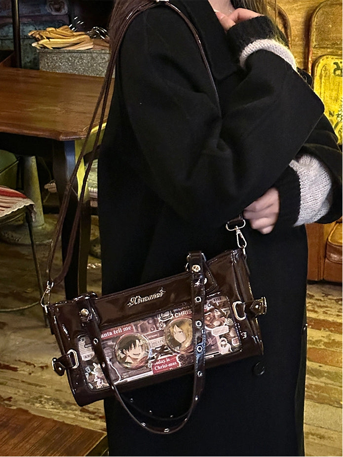 Brown Versatile Transparent-Window PU Leather Ita Bag