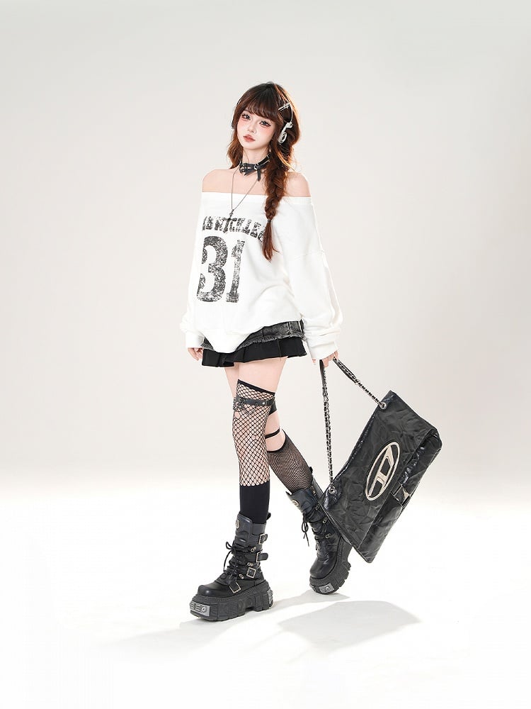 Black/White Off-the-shoulder Neckline Number Print Summer Sweatshirt