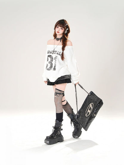 Black/White Off-the-shoulder Neckline Number Print Summer Sweatshirt
