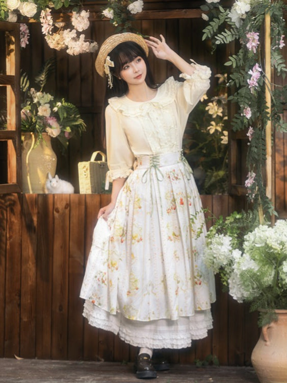 White Box Pleat Elegant Classic Lolita Skirt with Hawthorn and Bird Print and Green Lace-Up Waistband