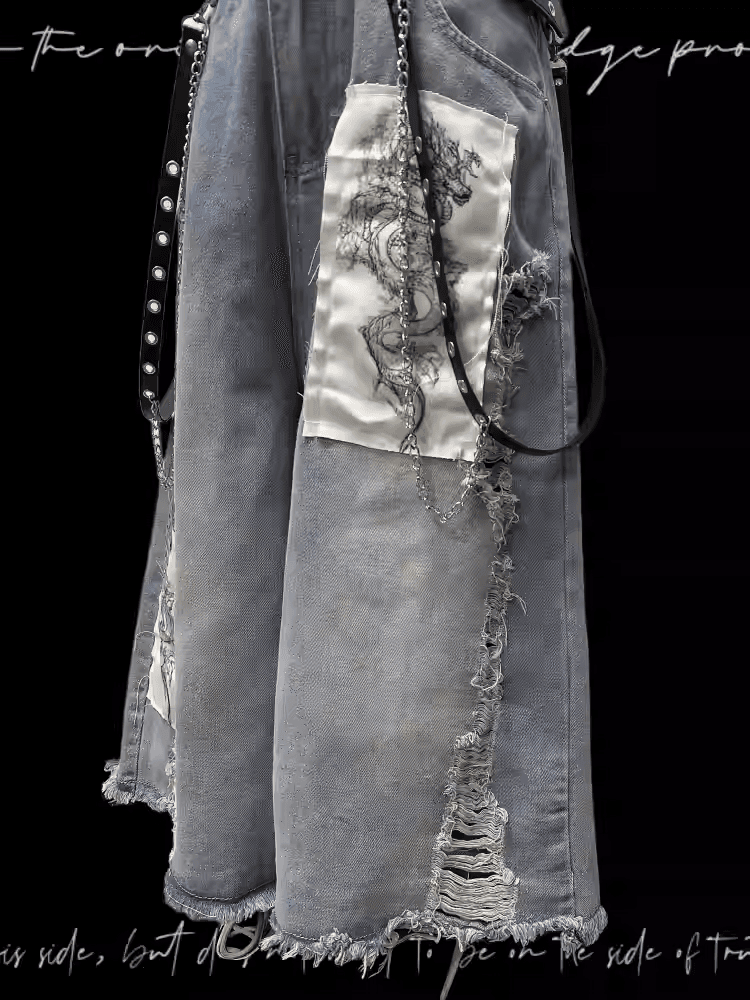 Dragon Applique Raw Hem Distressed Holes Light Blue Wide-leg Jeans