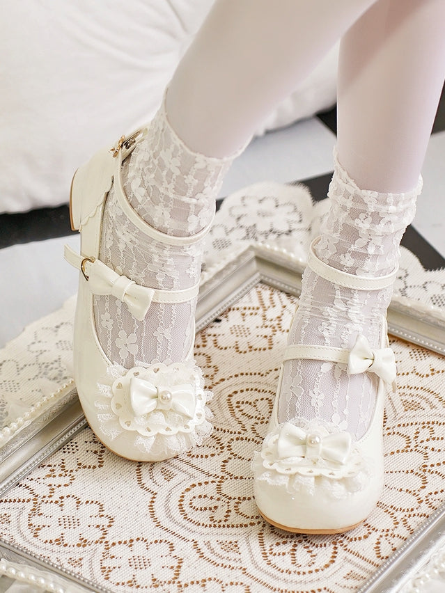 Milky White Bow at Top Lace Trim Heart Buckles Round Toe Lolita Shoes