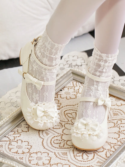 Milky White Bow at Top Lace Trim Heart Buckles Round Toe Lolita Shoes
