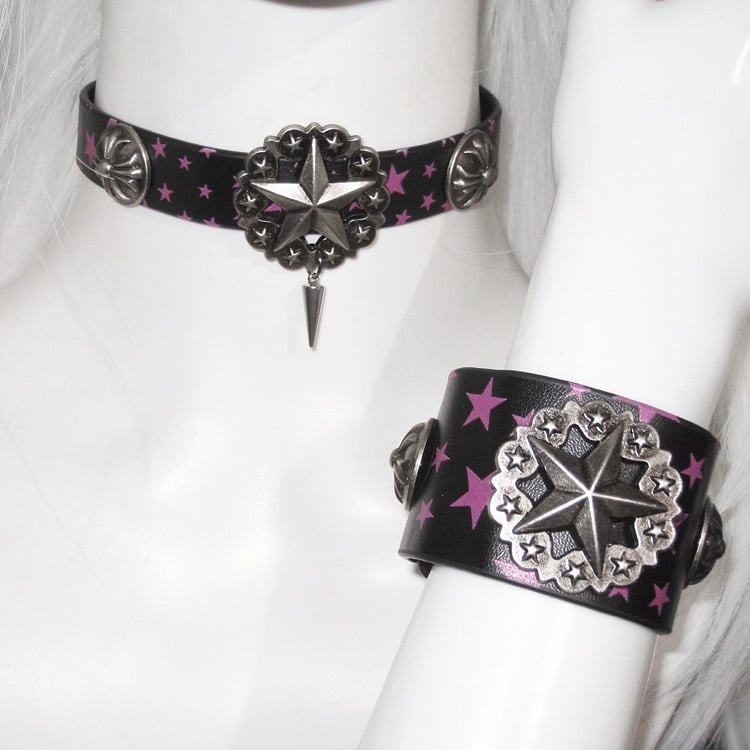 Black & Pink Star Pattern Stud Pendant Punk Choker