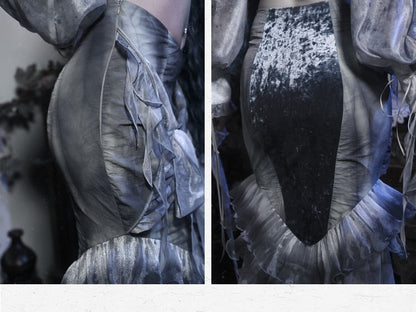 Dusty Blue Tie Dye Design Ruffle Flounce Knees Corpse Bride Goth Mermaid Skirt