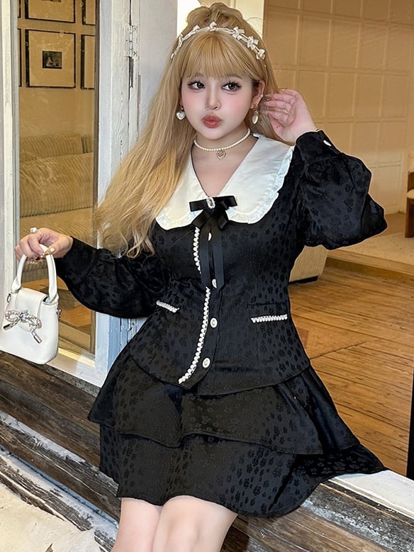 Plus Size Black High Waist Jacquard Tiered Skirt