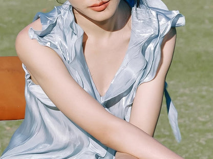 Vintage Blue Moon Light Cascading Ruffle Accents Top/Straight-leg Cut Pants