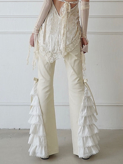 Lace-up Detail Beige Tiered Design Flared Pants with Bowknots and Butterflies