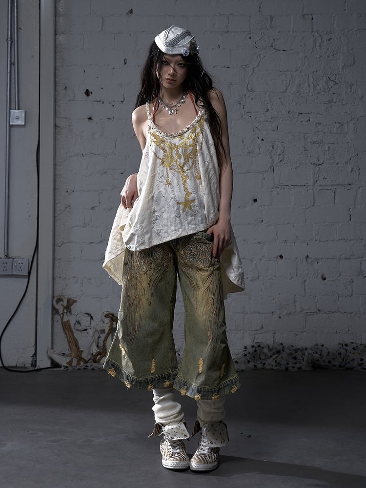 Gold Starfish Print Apricot Wasteland Punk Distressed Holes Cami Top