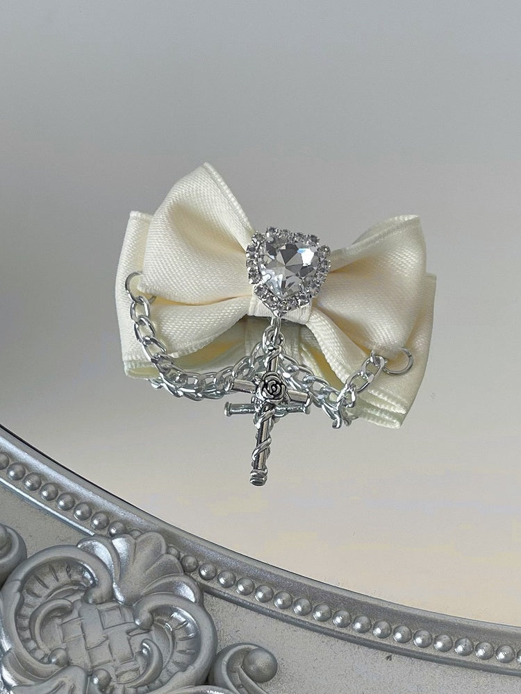 Black/Champagne/Pink Cross Charm Rhinestone Heart Decorated Bowknot Hairclips