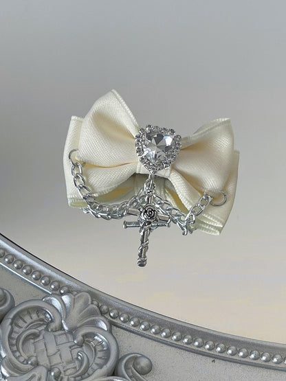 Black/Champagne/Pink Cross Charm Rhinestone Heart Decorated Bowknot Hairclips