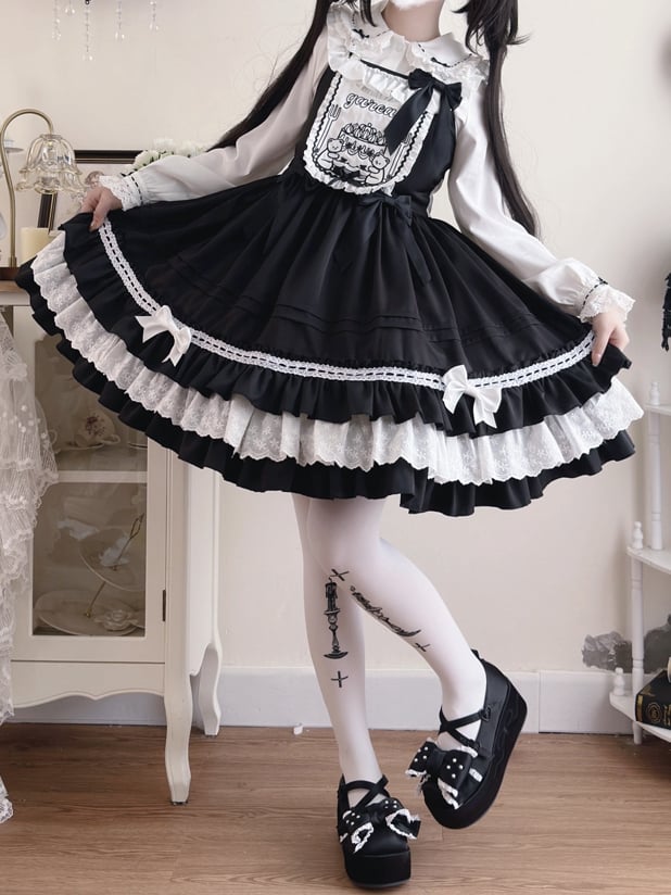 Teddy and Cake Embroidery Bodice Black Sweet Lolita Dress