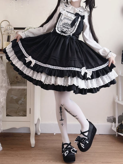 Teddy and Cake Embroidery Bodice Black Sweet Lolita Dress