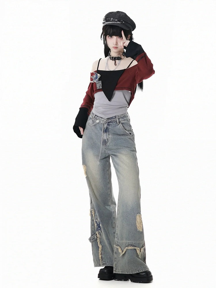 Blue Star Appliques Raw Hem Distressed Wide-leg Jeans with Waist Chain