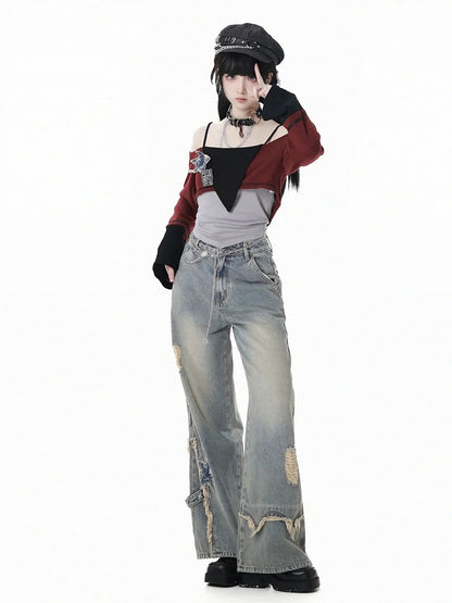 Blue Star Appliques Raw Hem Distressed Wide-leg Jeans with Waist Chain