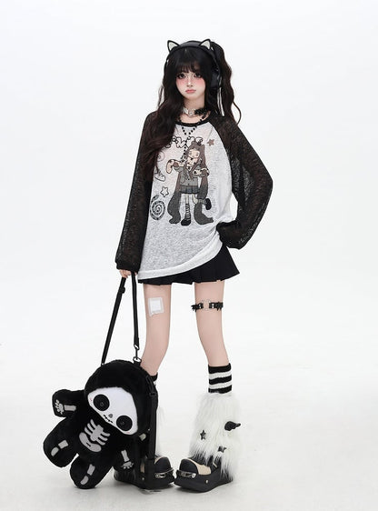 Cartoon Girl Print Black/Pink/Blue Colorblock Design Semi-sheer Coverup