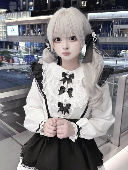 Jirai Kei Black Bowknots White Peter Pan Collar Lace Trim Blouse