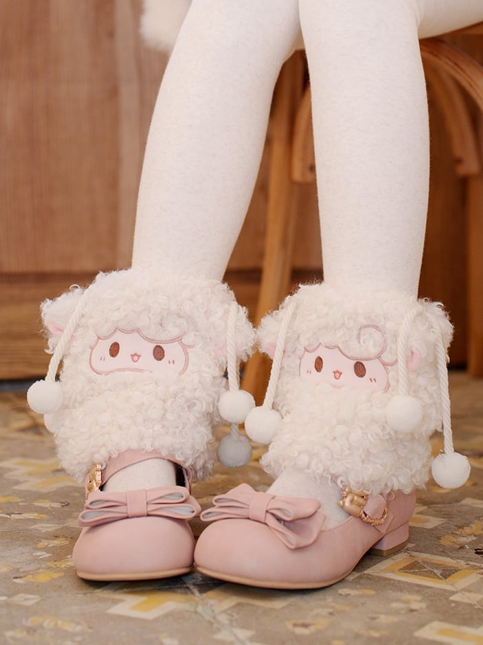 White Plush Lamb Leg Warmers With Pompon