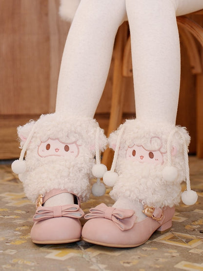 White Plush Lamb Leg Warmers With Pompon