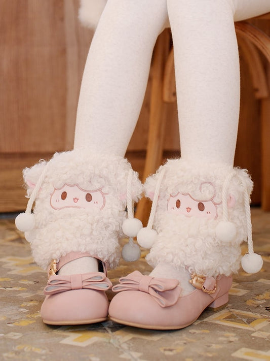White Plush Lamb Leg Warmers With Pompon