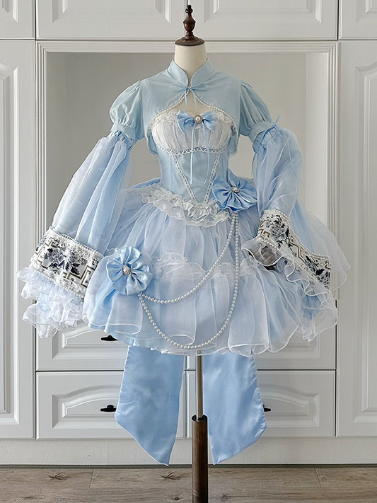 Plus Sizes Available Blue Boned Basque Waist Dress Princess Lolita JSK Full Set