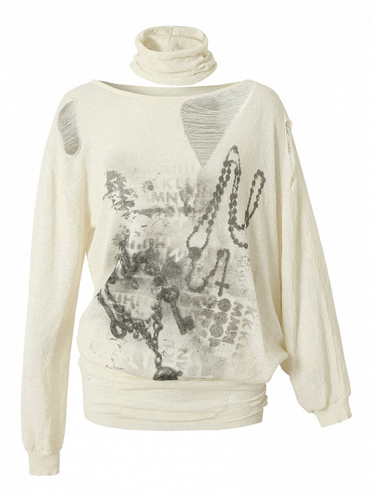 Beige/Khaki Wasteland Punk Distressed Holes Asymmetrical Neckline Sun Protection Top