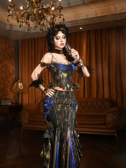 Gold Roses Decorated Black and Gold Goth Boned Corset Top