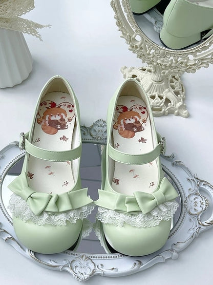 Round Toe Grass Green Low-heel Sweet Mary Jane Shoes in PU with Bow at Top & Lace Trim