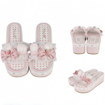 Pink Sweet Lolita Bow Accents Lace Trim Plush Bunny Ear Platform Slippers
