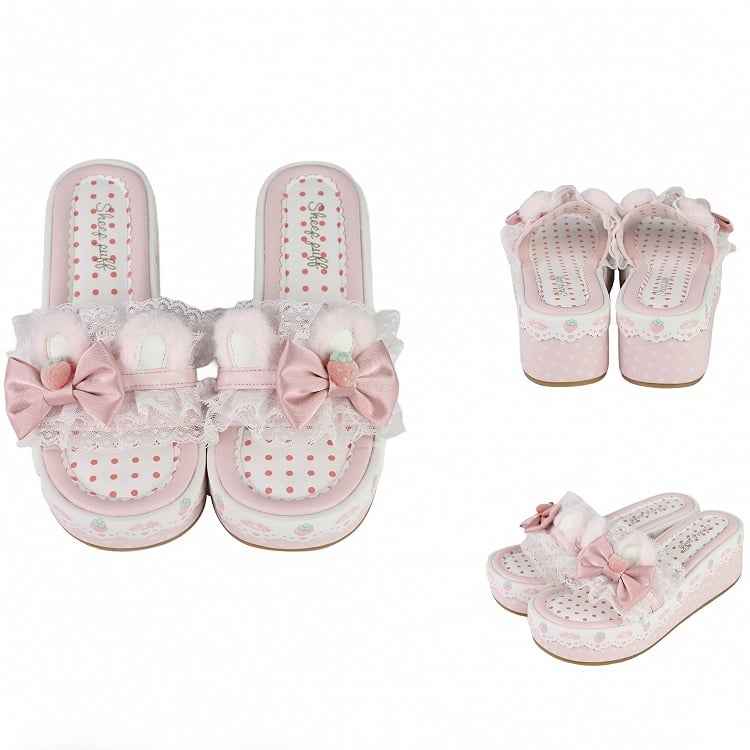 Pink Sweet Lolita Bow Accents Lace Trim Plush Bunny Ear Platform Slippers