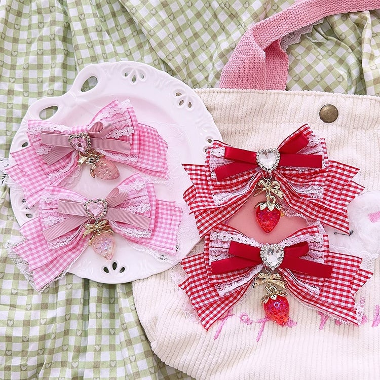 Sweet Lolita Strawberry Charm Heart Rhinestone Pink/Blue/Wine Red/Black Bow Hairclips