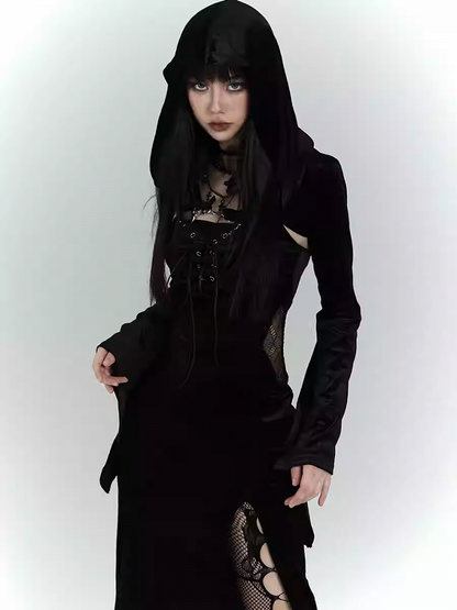 Gothic Black Velvet Side Slit Slip Dress with Bell Sleeves Hooded Top Set