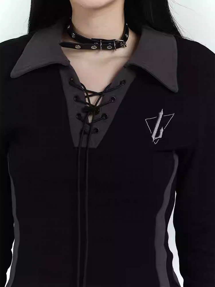 Gothic Black Short Version Dress with Lace-up Detail at Front