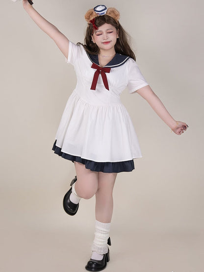 Plus Size White Sailor Collar Basque Waist Summer Dress