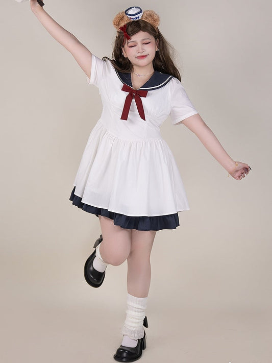 Plus Size White Sailor Collar Basque Waist Summer Dress