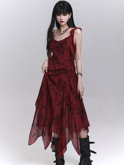 Red Cascading Ruffles Handkerchief Hem Sleeveless Dress