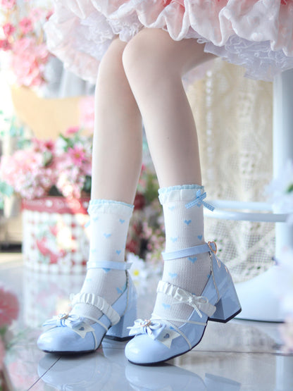Bow Accents Blue Block Heel Mary Janes
