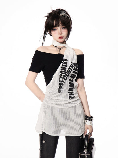 Y2K Black and White Letter Print Two-pieces Halter T-shirt