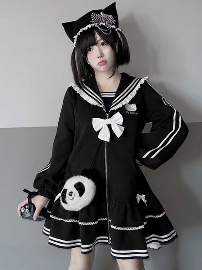 Jirai Kei Black Kitty Embroidery Sailor Collar Zip Closure Landmine Style Dress