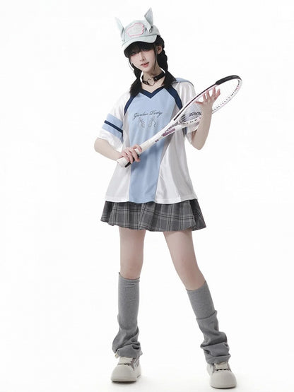 Blue Colorblock Design V-neck Blokette Core Hooded T-shirt