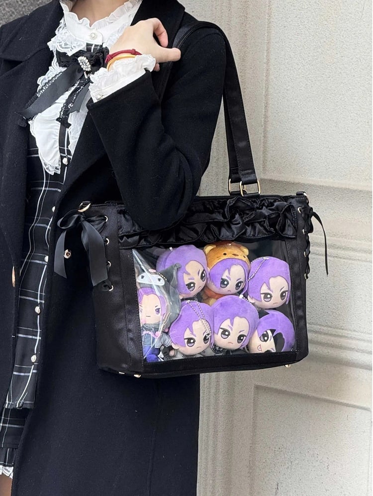 Black Satin Ruffle Trims Self-tie Straps Ita Bag With Bow Card Holder